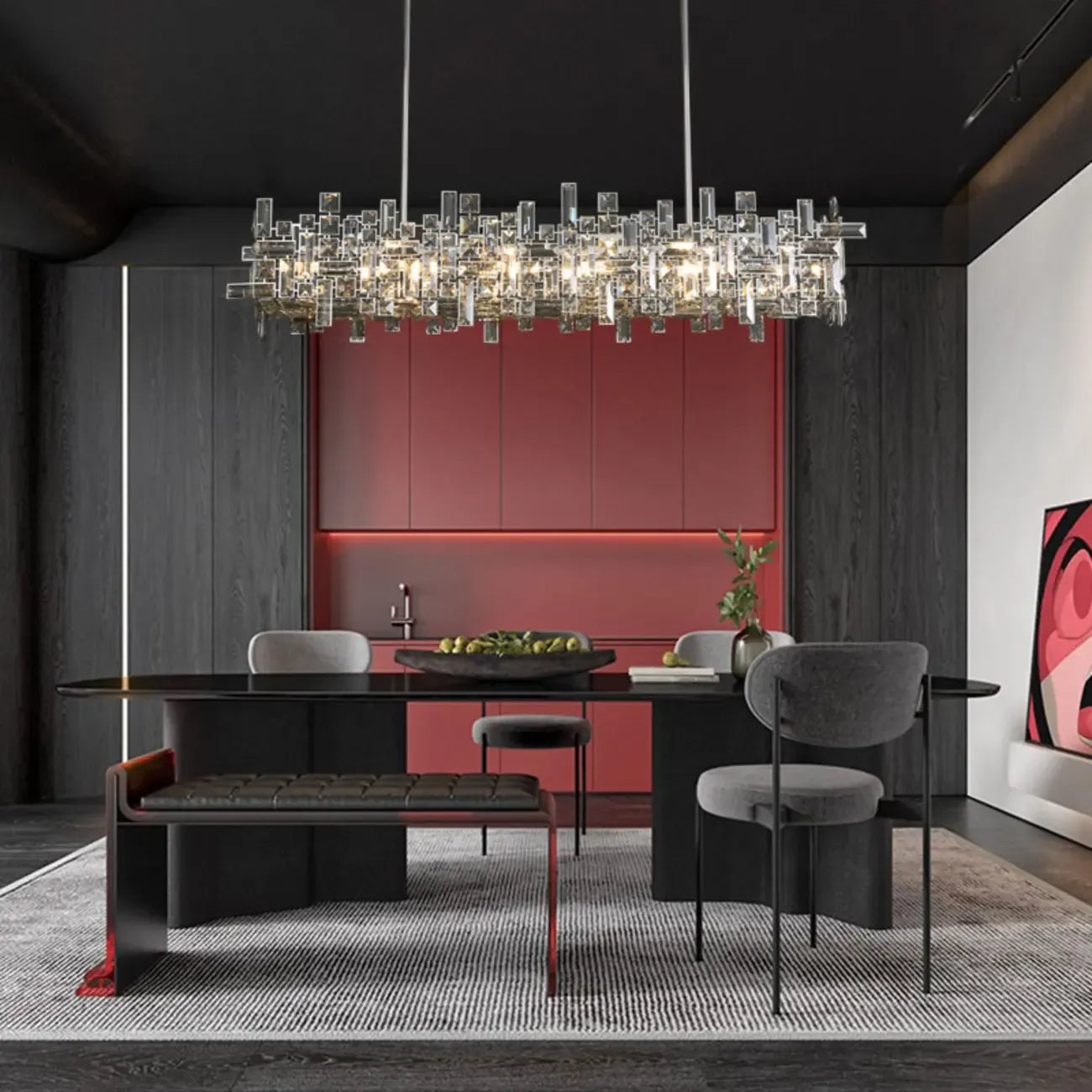 Suspension LED moderne en cristal pour îlot de cuisine, avec variateur à 3 niveaux d'intensité.