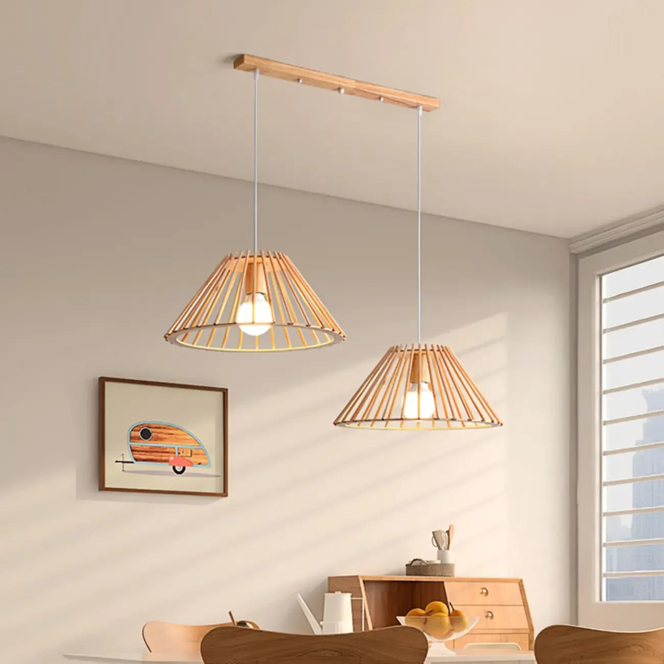 Lampadario/Sospensione da Isola da Cucina a 2 Luci, in Legno, in Stile Moderno