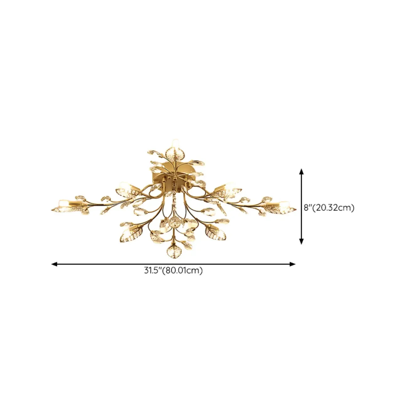 Plafonnier semi-encastré élégant en cristal à branches dorées