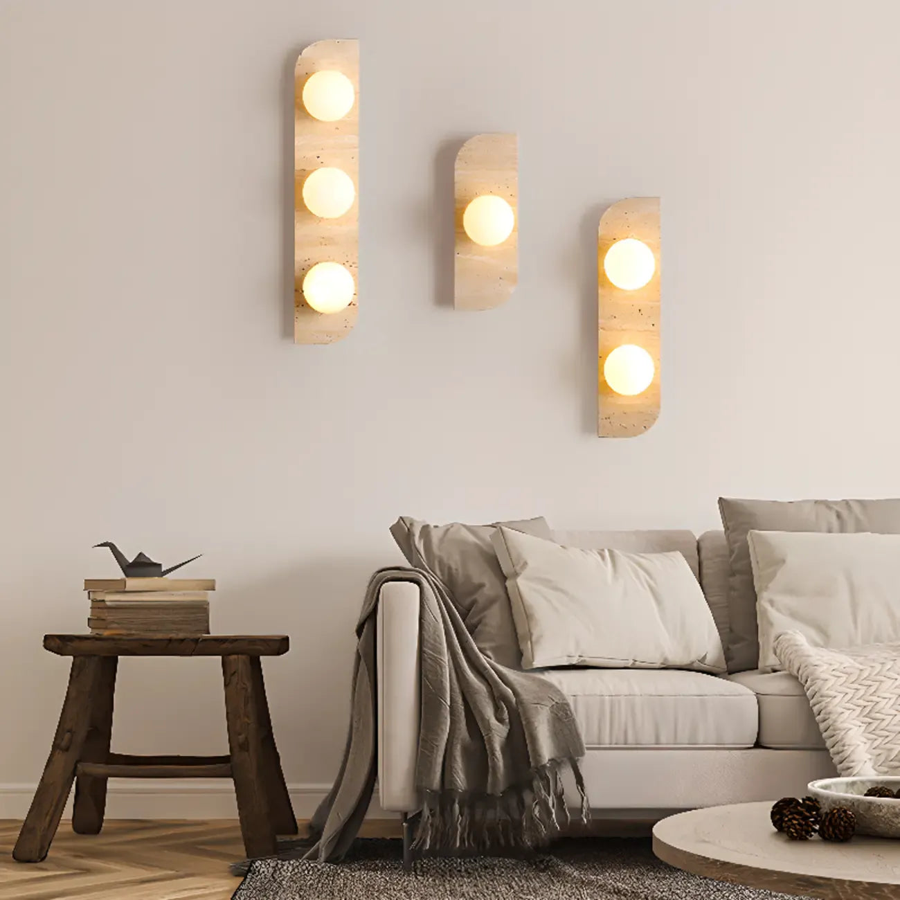 Applique murale moderne en verre et pierre beige avec globe