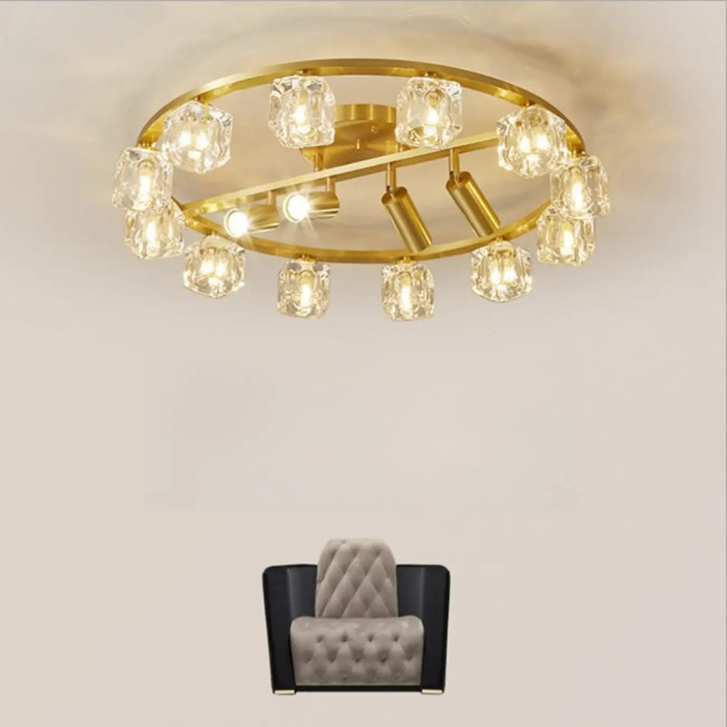 Plafonnier semi-encastré en cristal cubique doré avec spots intégrés