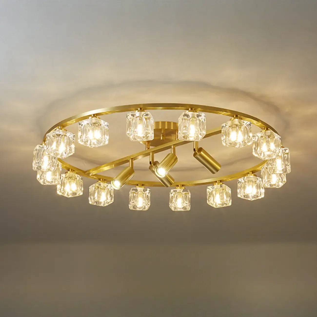 Plafonnier semi-encastré en cristal cubique doré avec spots intégrés