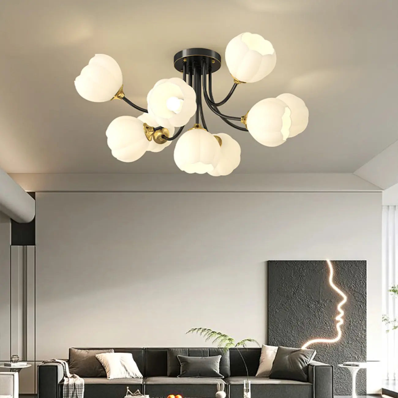 Plafonnier semi-encastré moderne en métal avec abat-jour floral en verre blanc et métal