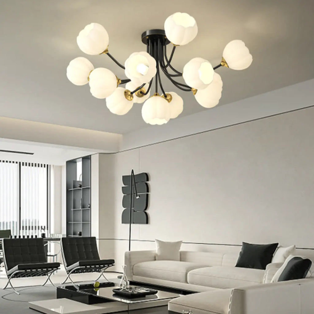 Plafonnier semi-encastré moderne en métal avec abat-jour floral en verre blanc et métal