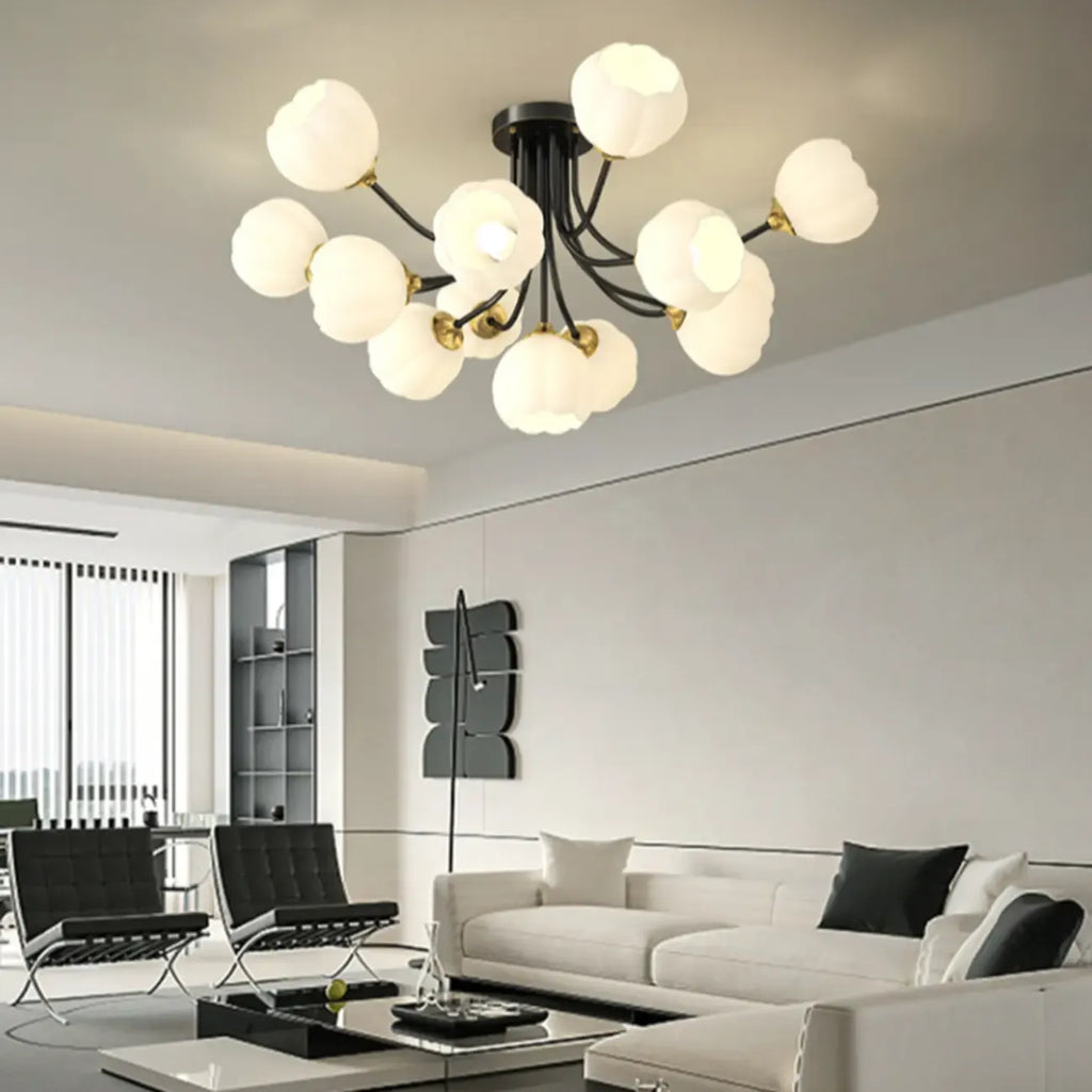 Plafonnier semi-encastré moderne en métal avec abat-jour floral en verre blanc et métal