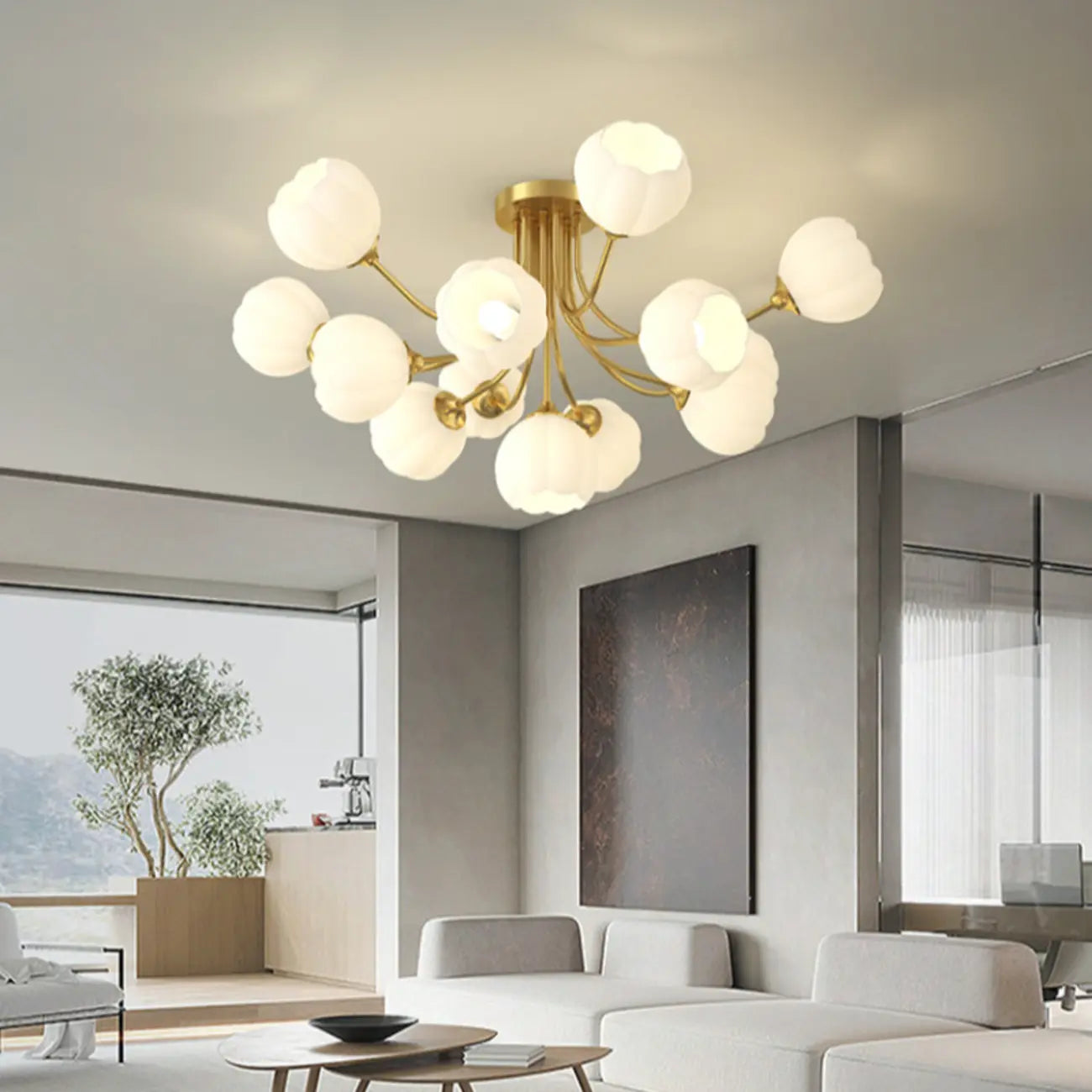 Plafonnier semi-encastré moderne en métal avec abat-jour floral en verre blanc et métal
