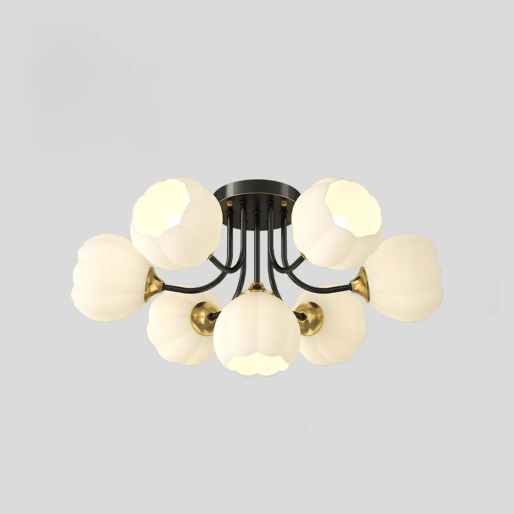 Plafonnier semi-encastré moderne en métal avec abat-jour floral en verre blanc et métal