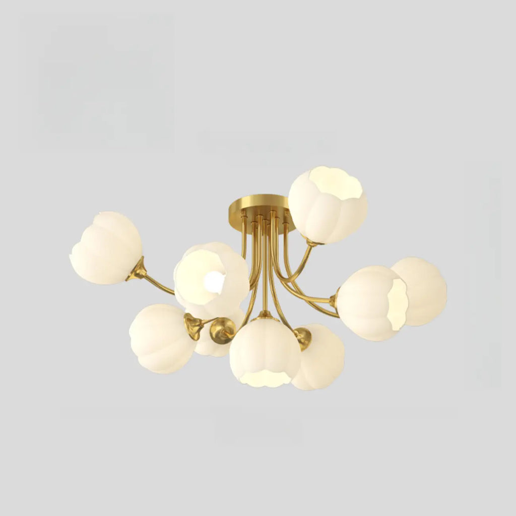 Plafonnier semi-encastré moderne en métal avec abat-jour floral en verre blanc et métal