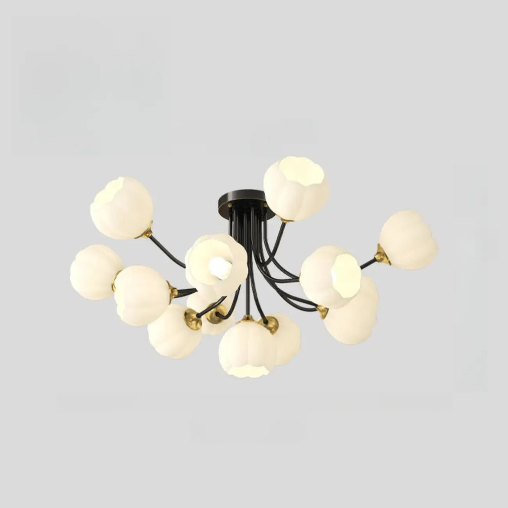 Plafonnier semi-encastré moderne en métal avec abat-jour floral en verre blanc et métal