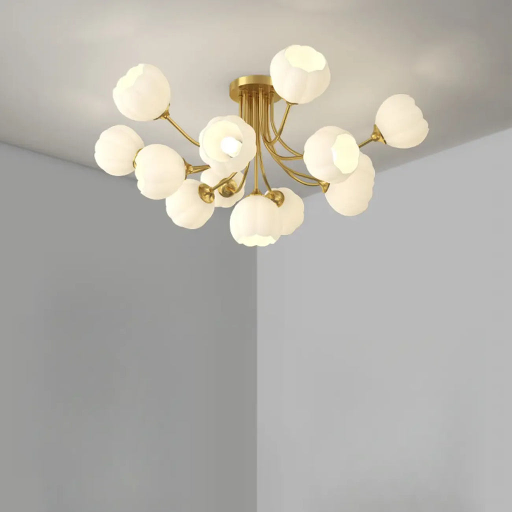Plafonnier semi-encastré moderne en métal avec abat-jour floral en verre blanc et métal
