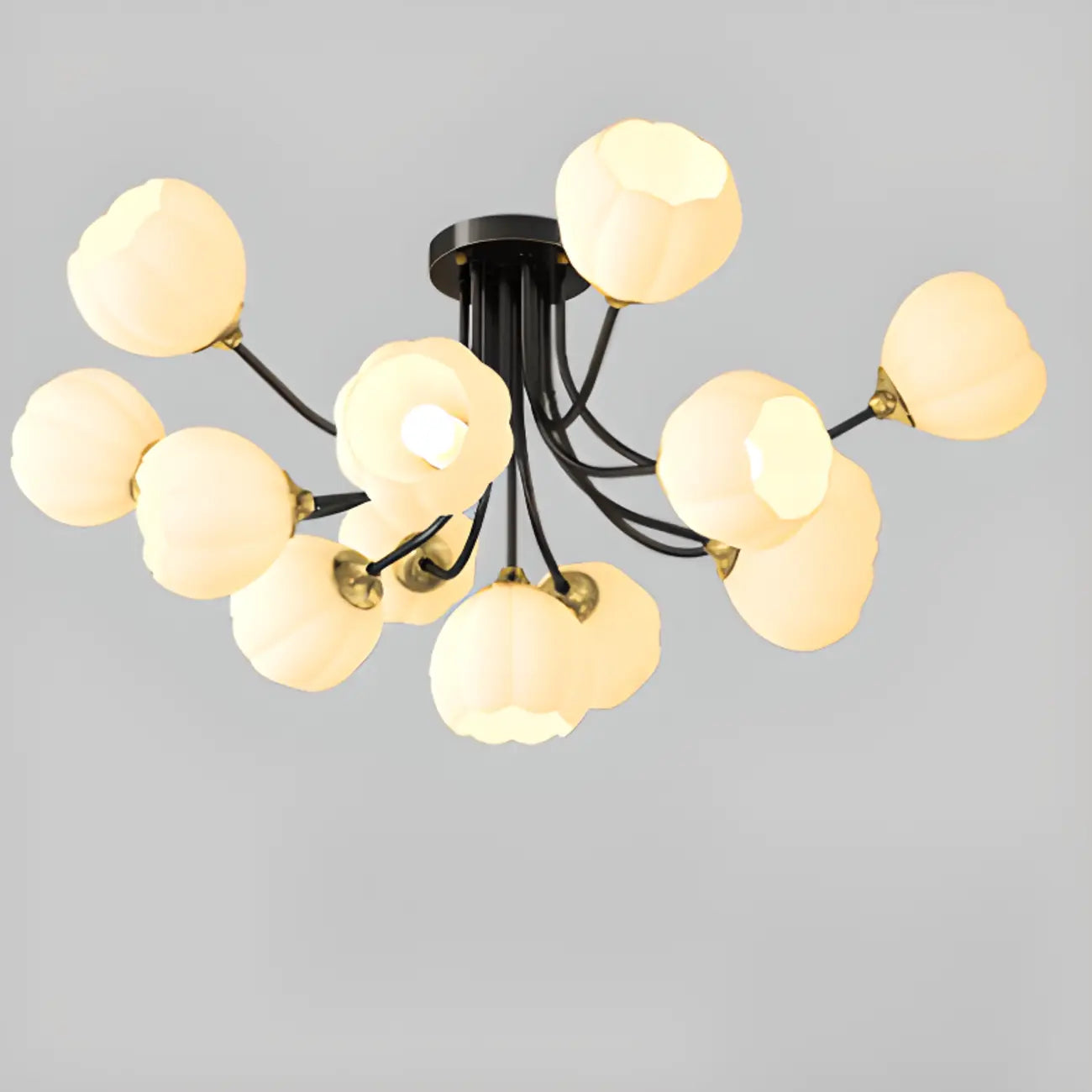 Plafonnier semi-encastré moderne en métal avec abat-jour floral en verre blanc et métal