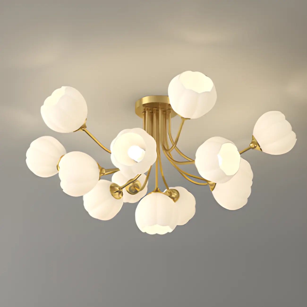 Plafonnier semi-encastré moderne en métal avec abat-jour floral en verre blanc et métal