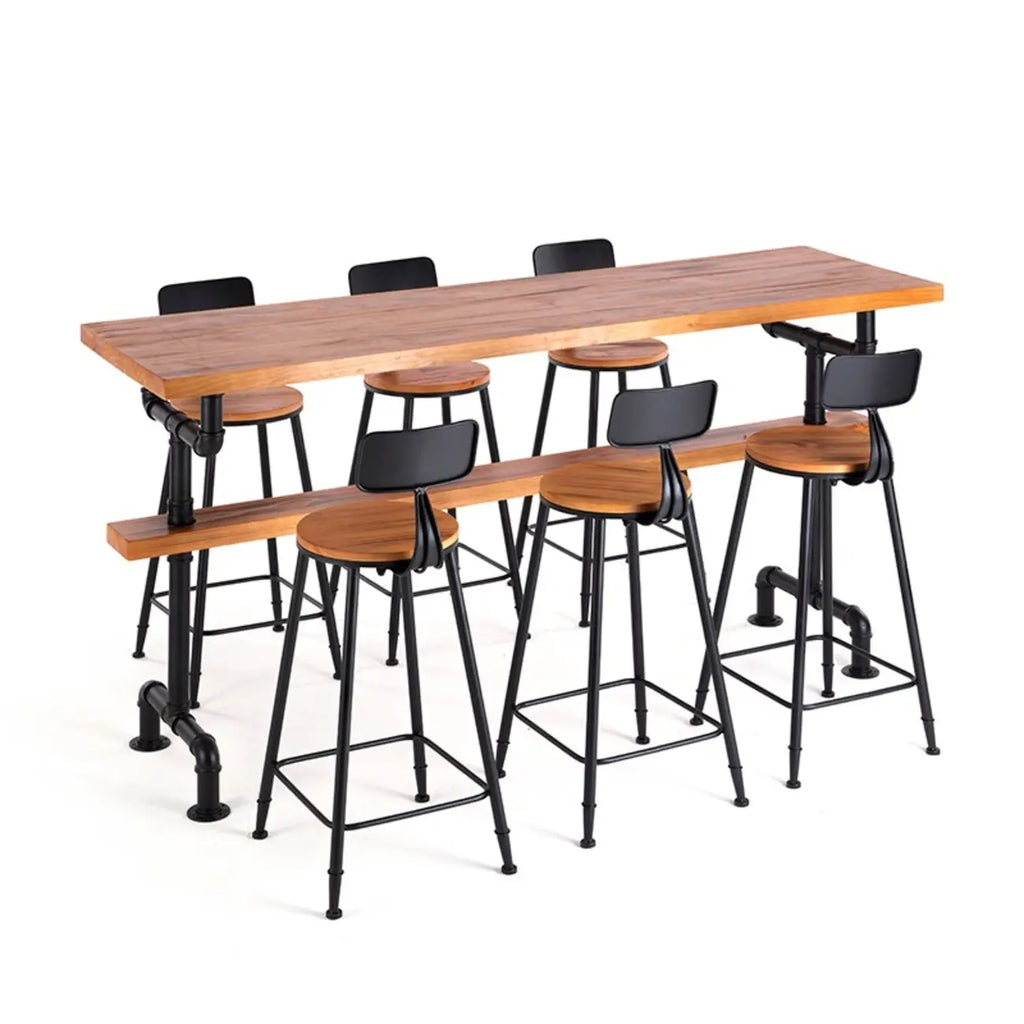 Tables de bar industrielles en bois brun avec plateau fixe et pieds en métal