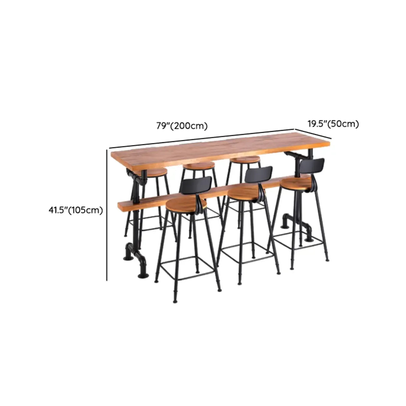 Tables de bar industrielles en bois brun avec plateau fixe et pieds en métal