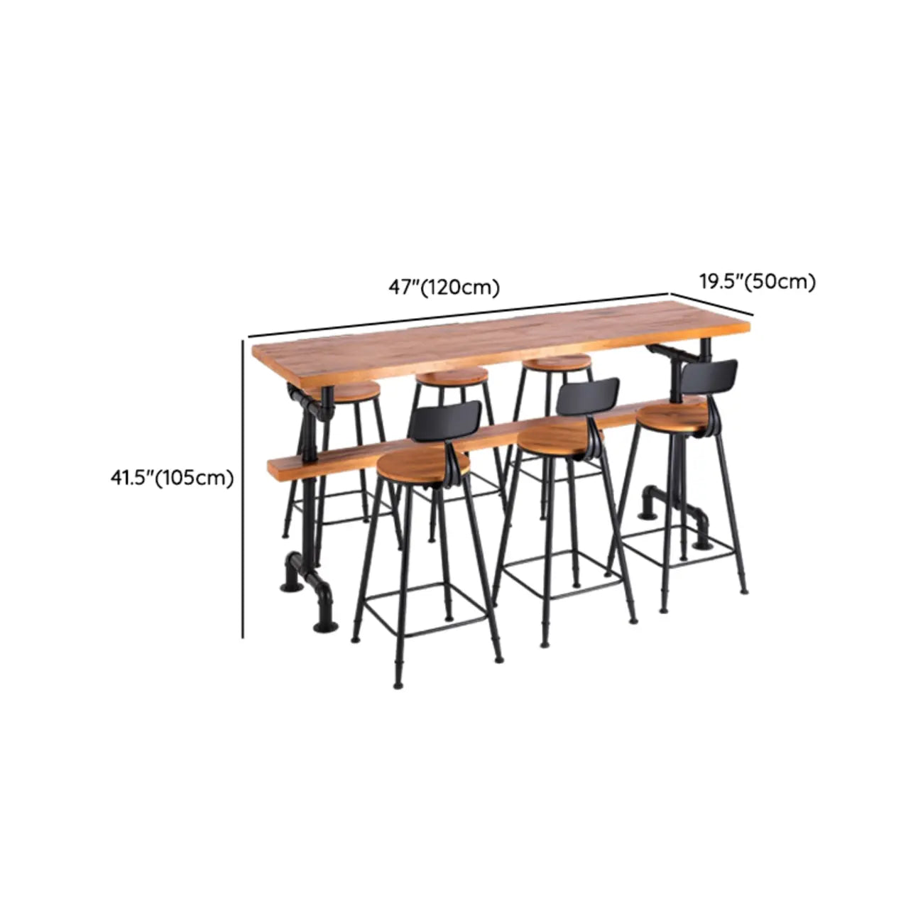 Tables de bar industrielles en bois brun avec plateau fixe et pieds en métal
