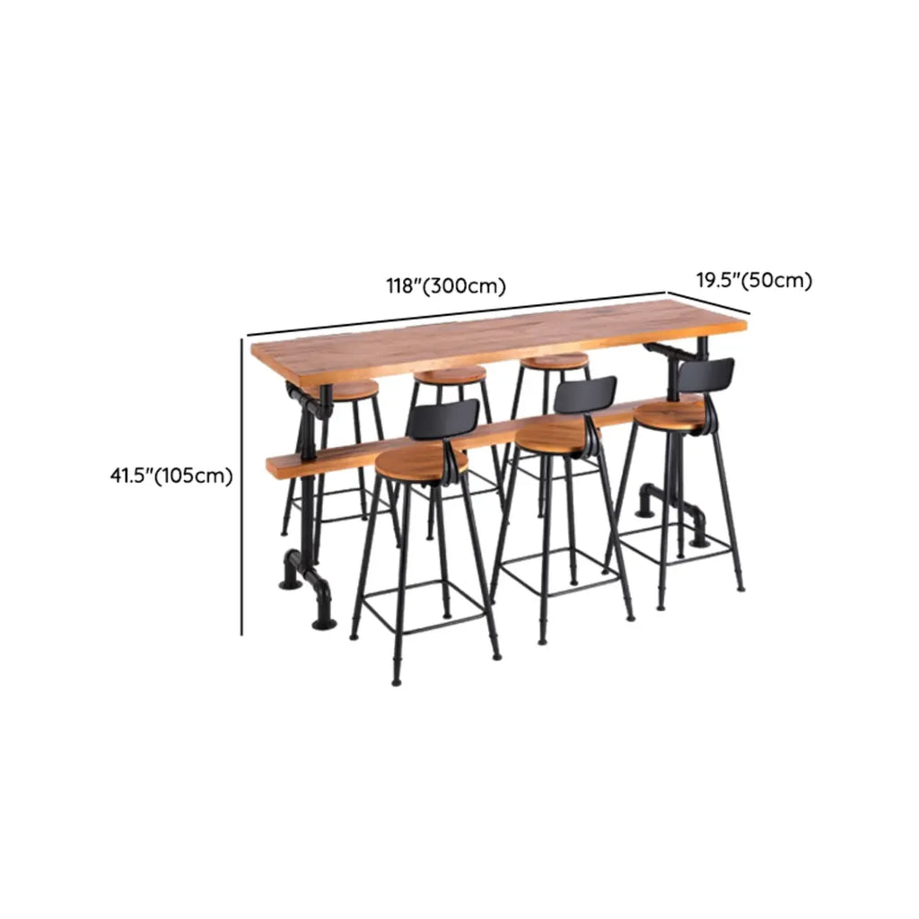 Tables de bar industrielles en bois brun avec plateau fixe et pieds en métal
