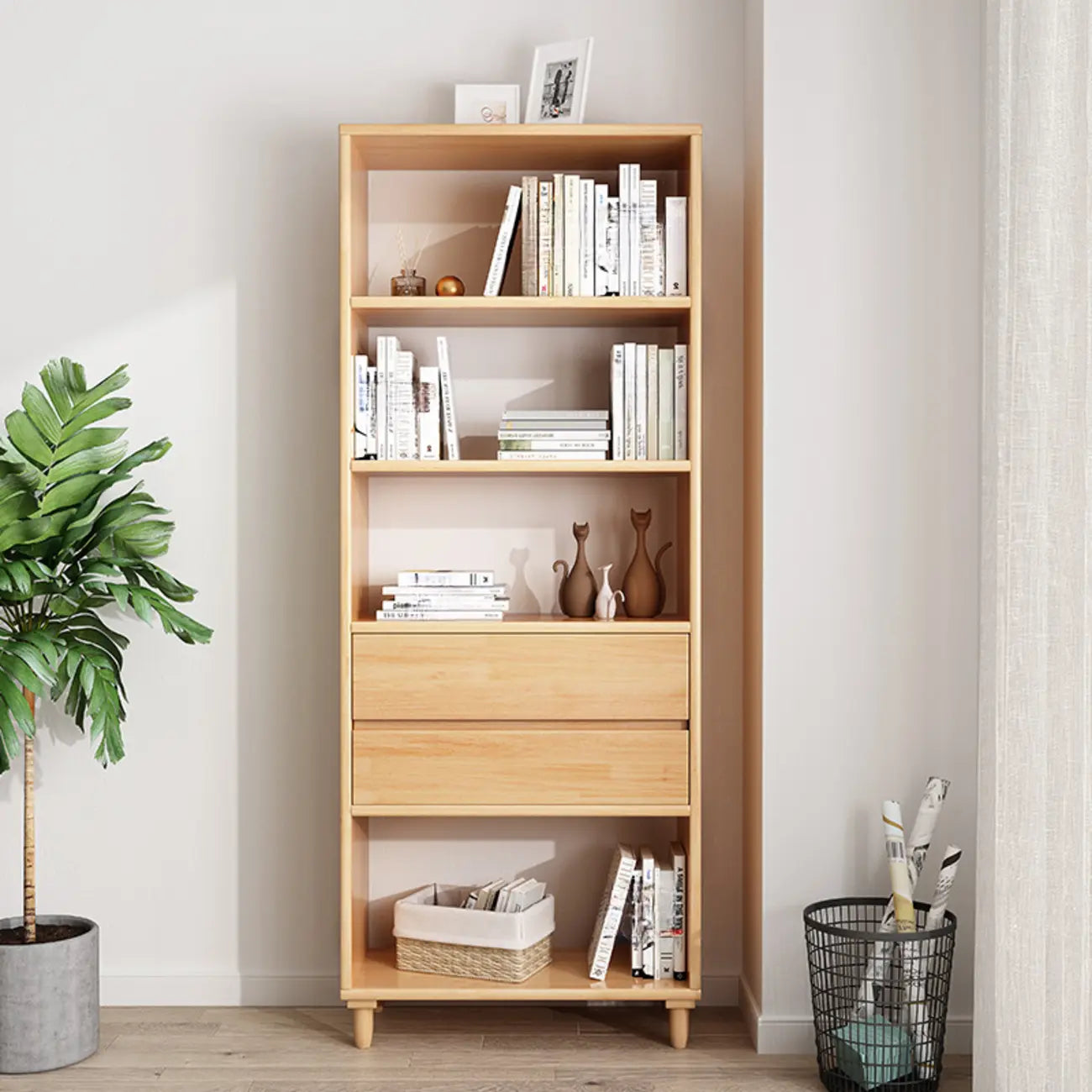 Libreria in legno da 170 cm versatile con 2 cassetti e schienale aperto