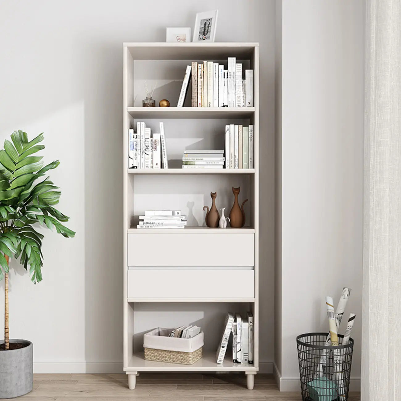 Libreria in legno da 170 cm versatile con 2 cassetti e schienale aperto