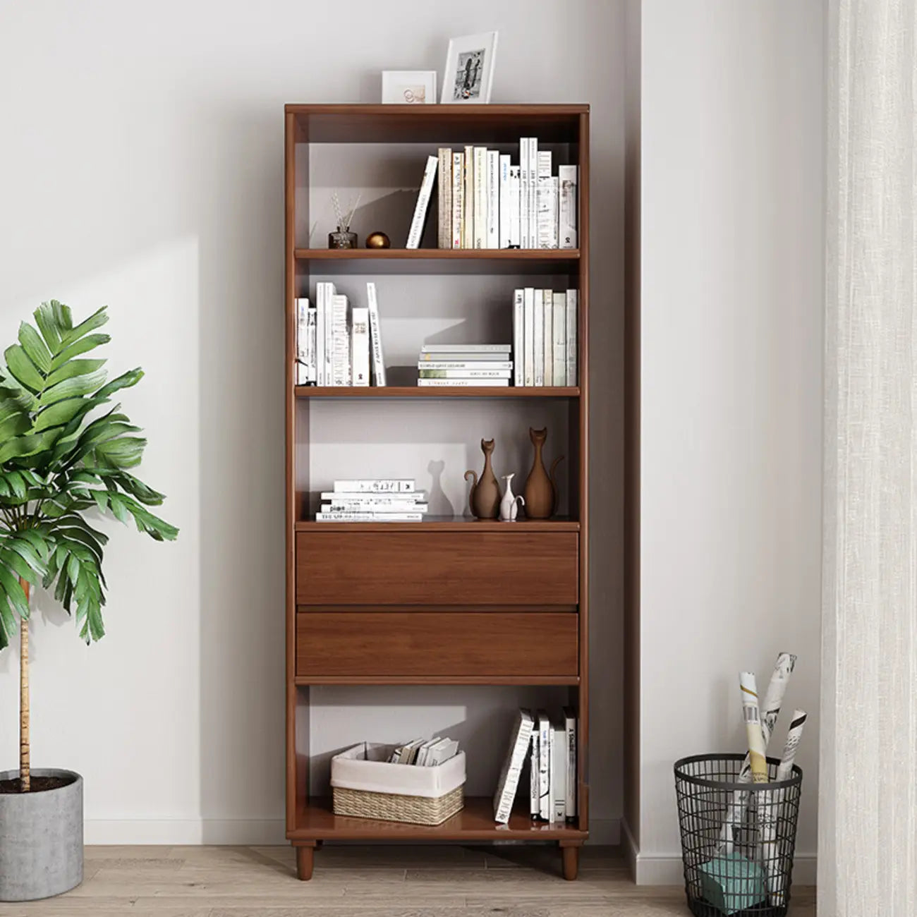 Libreria in legno da 170 cm versatile con 2 cassetti e schienale aperto