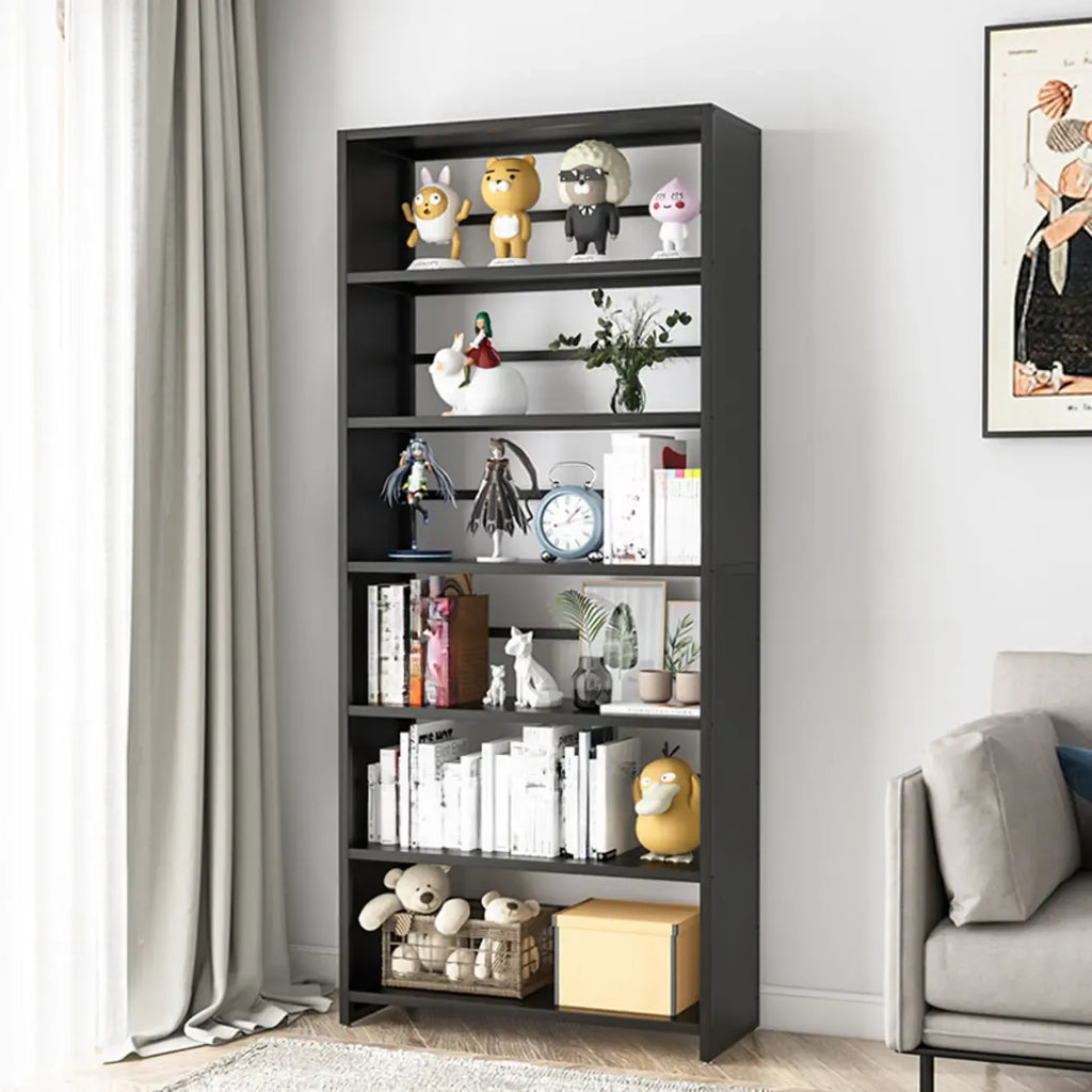 Bibliothèque verticale à six niveaux en métal noir avec dos ouvert