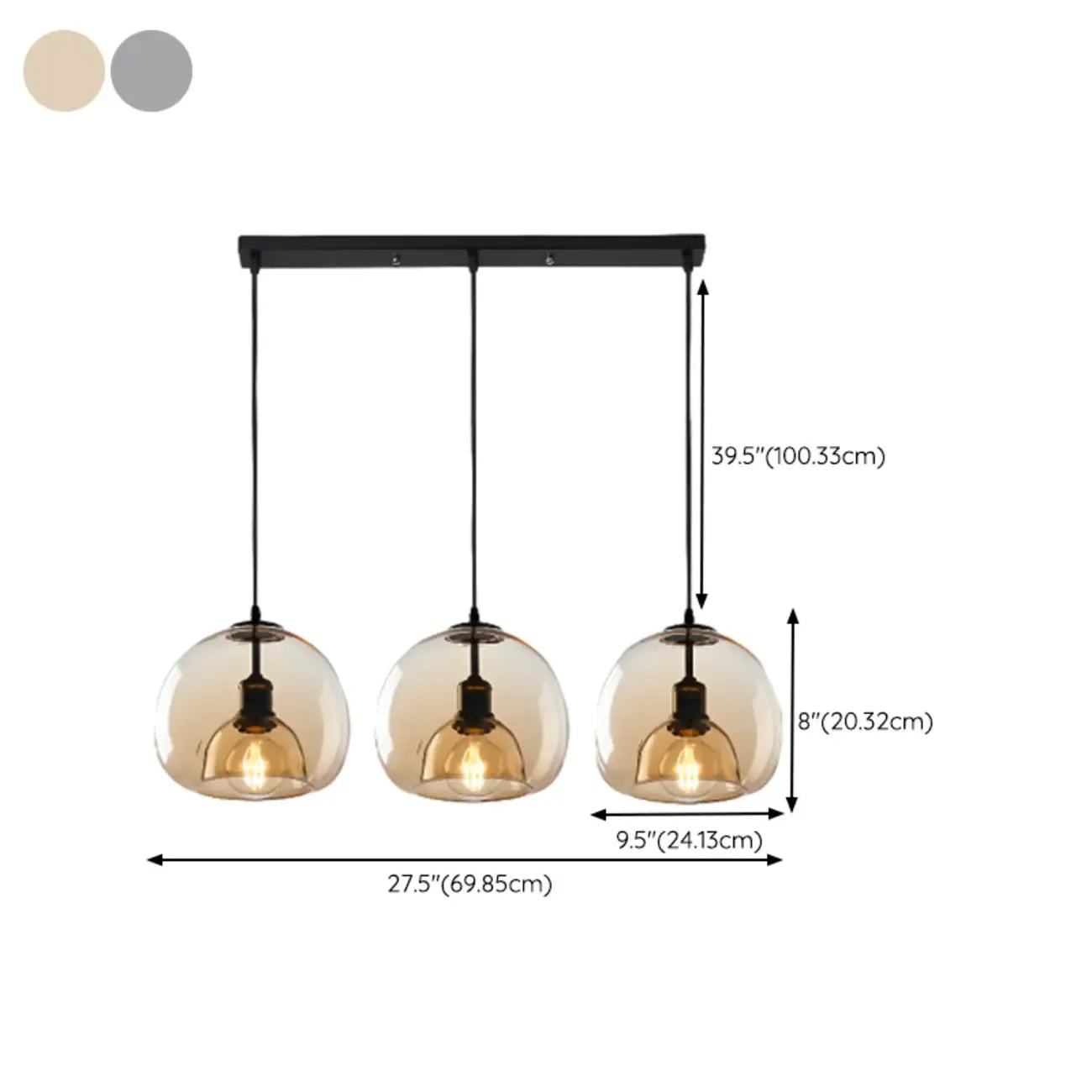 Suspension moderne à 3 lumières en sphère de verre pour îlot de cuisine
