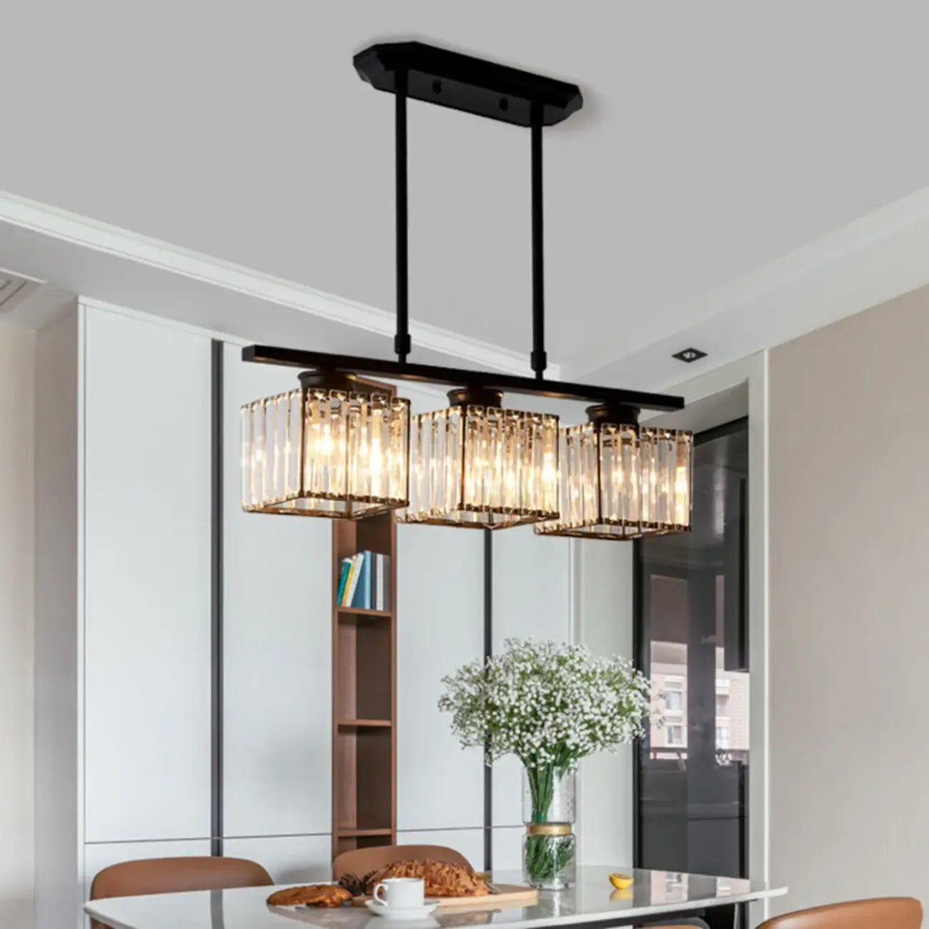 Lampadario a sospensione regolabile in metallo e cristallo con 3/4 luci per sala da pranzo