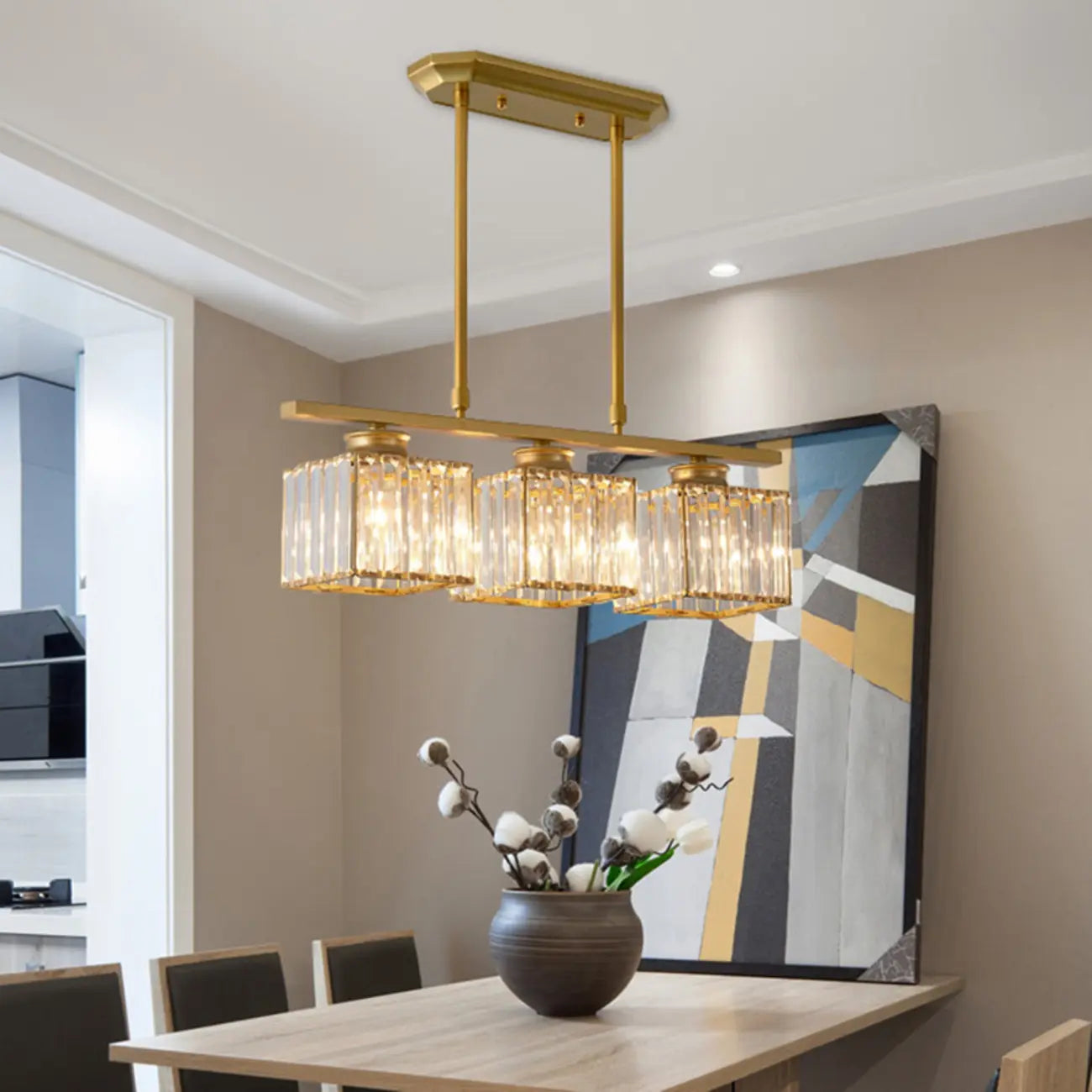 Lampadario a sospensione regolabile in metallo e cristallo con 3/4 luci per sala da pranzo