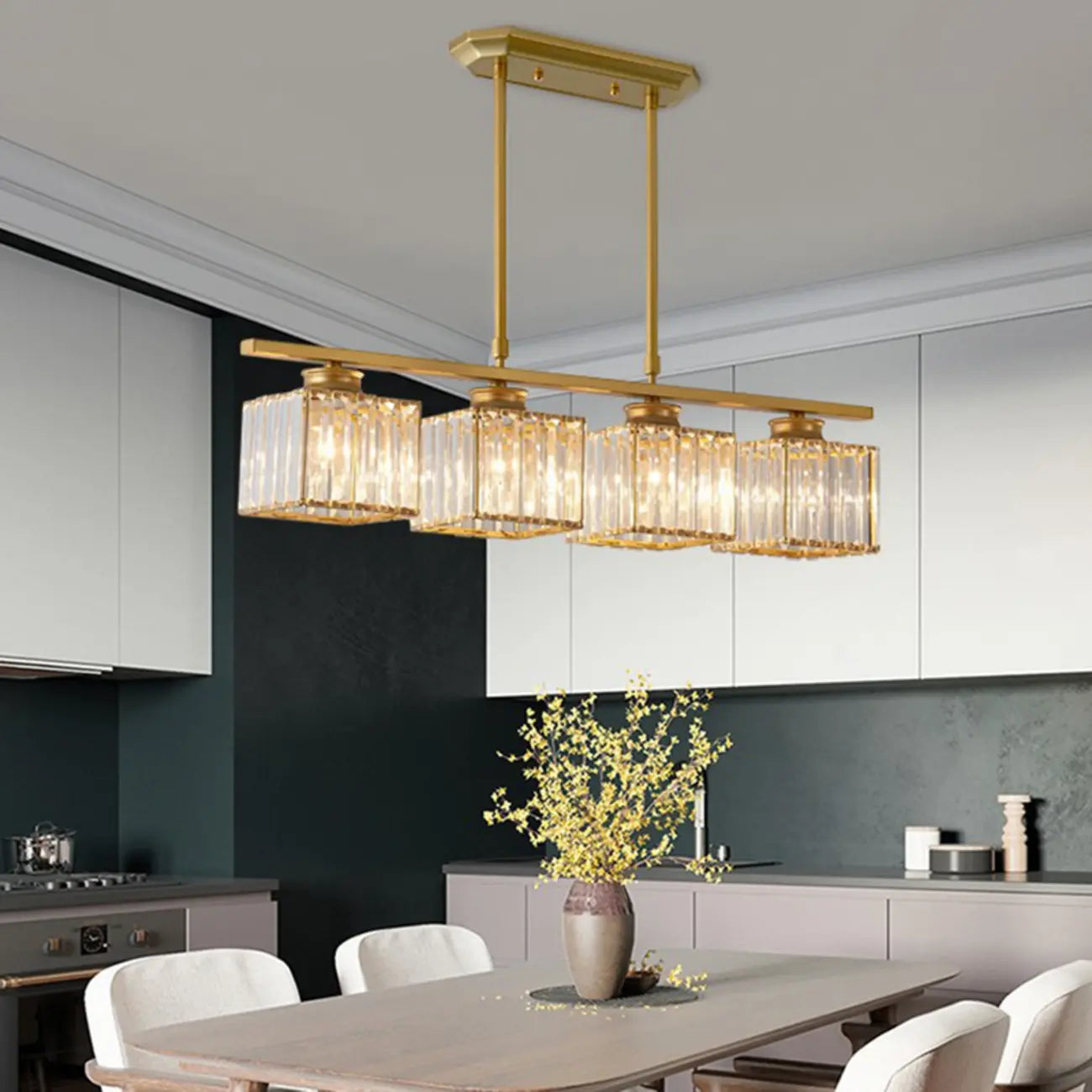 Lampadario a sospensione regolabile in metallo e cristallo con 3/4 luci per sala da pranzo