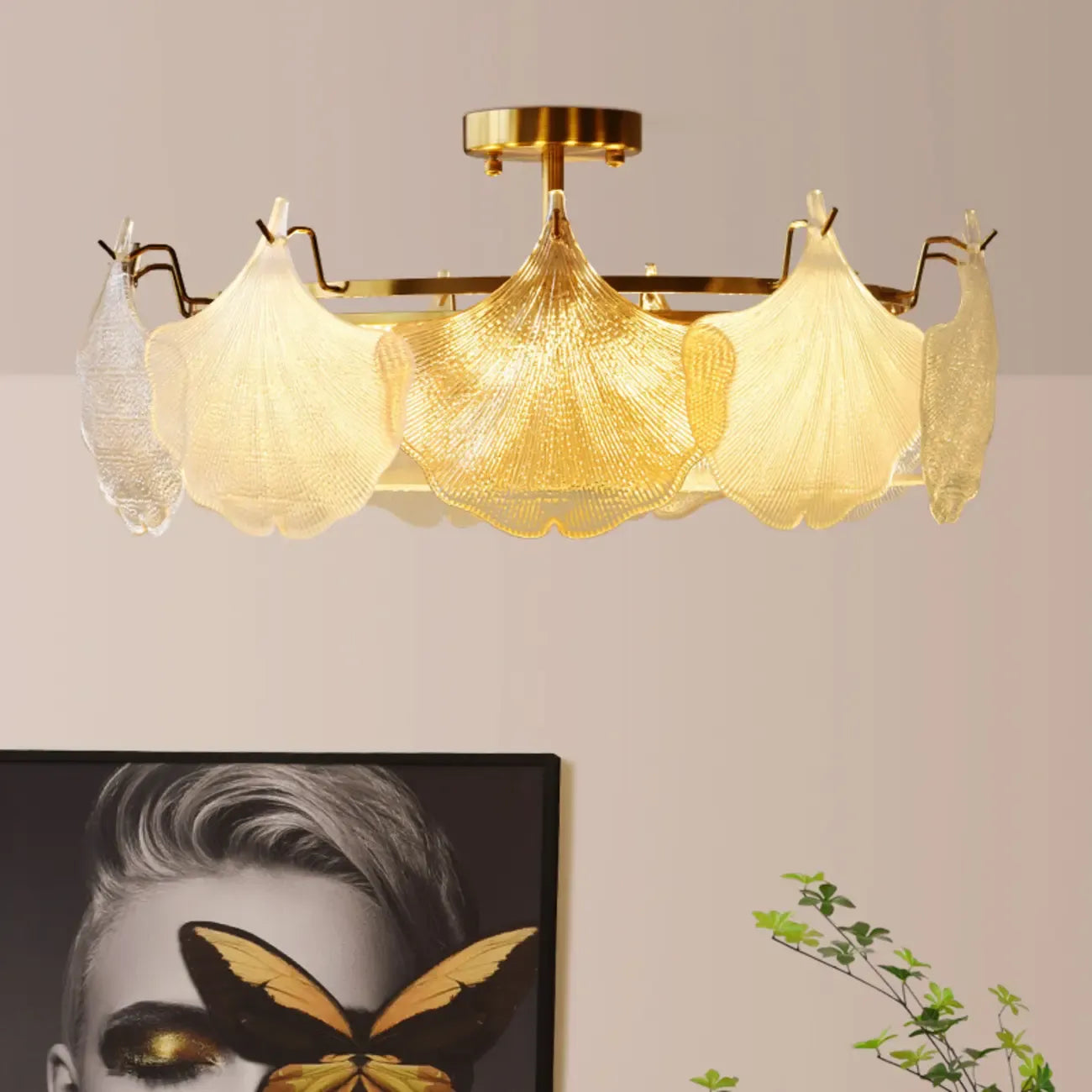 Plafonnier semi-encastré doré en forme de feuille de verre moderne