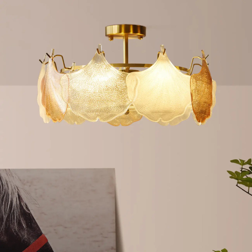 Plafonnier semi-encastré doré en forme de feuille de verre moderne
