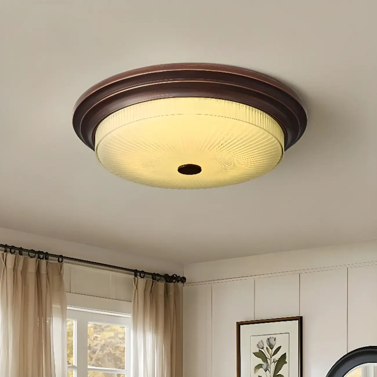 Plafonnier LED rond classique en métal marron et verre encastré