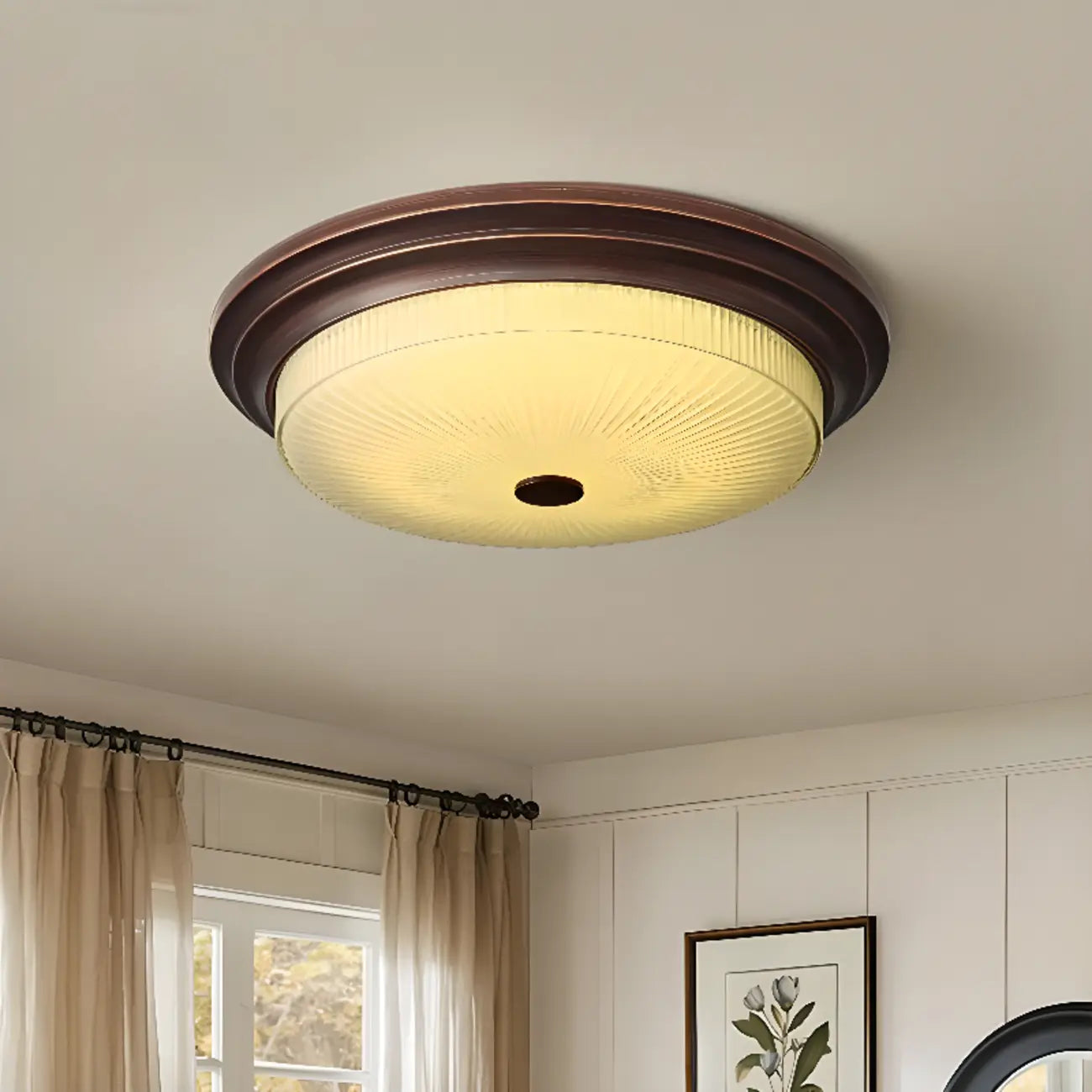 Plafonnier LED rond classique en métal marron et verre encastré