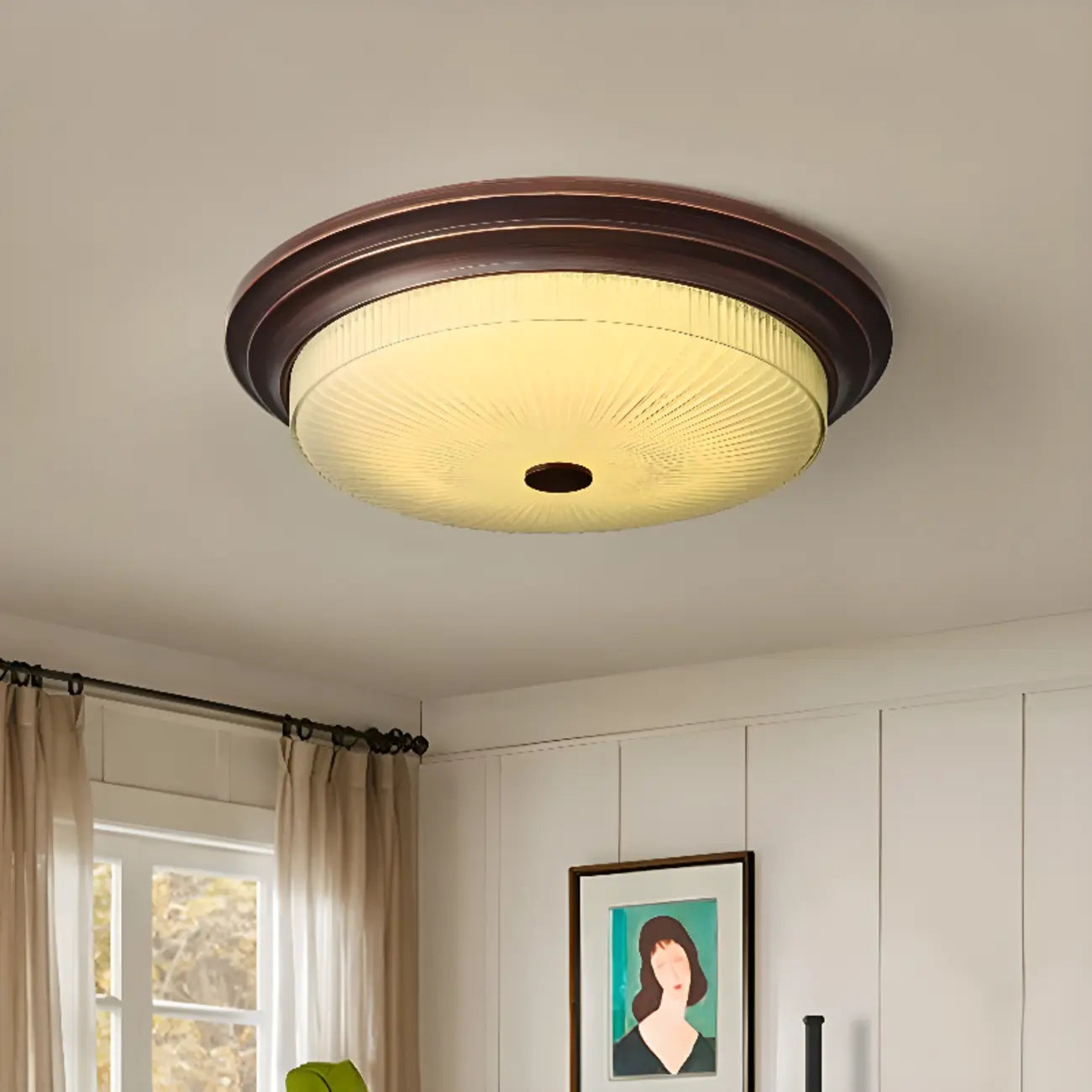 Plafonnier LED rond classique en métal marron et verre encastré