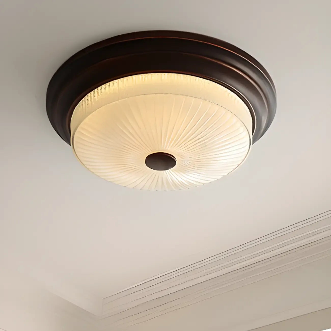 Plafonnier LED rond classique en métal marron et verre encastré