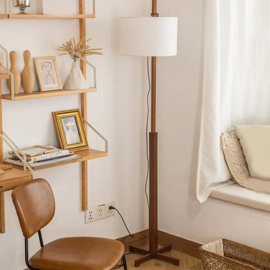 Lampadaire moderne en bois avec abat-jour en tissu, à brancher, pour salon