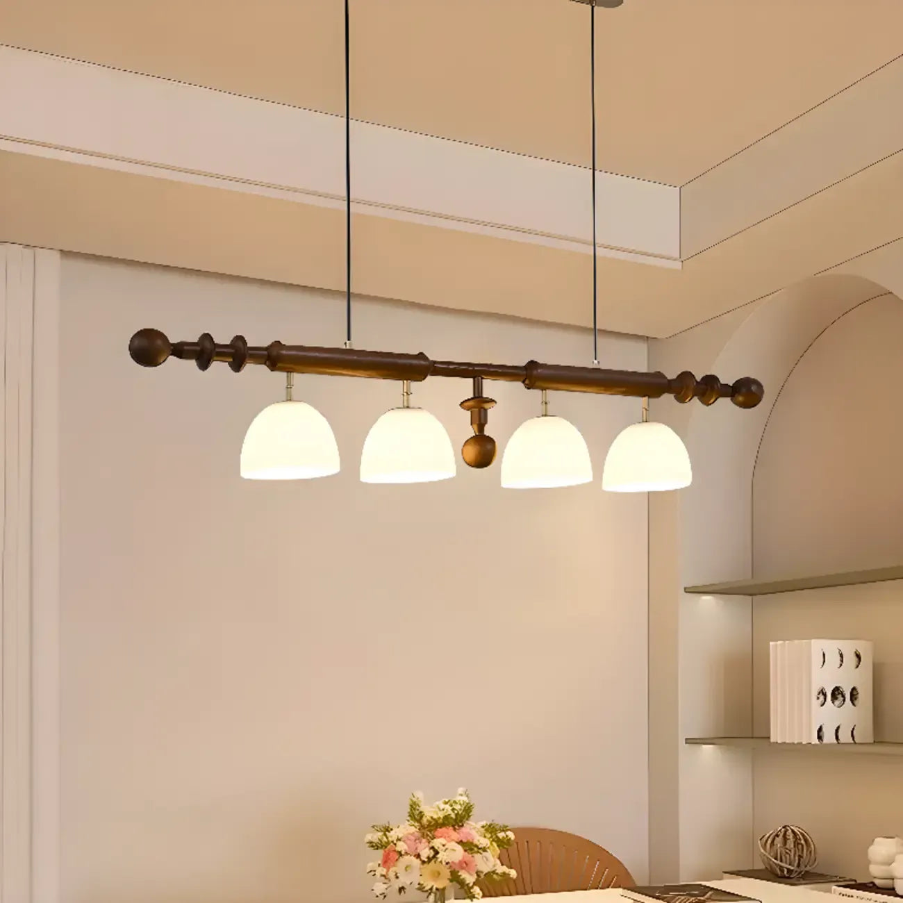 Lampadario da isola a 4 luci, moderno, in legno e vetro a cupola per cucina