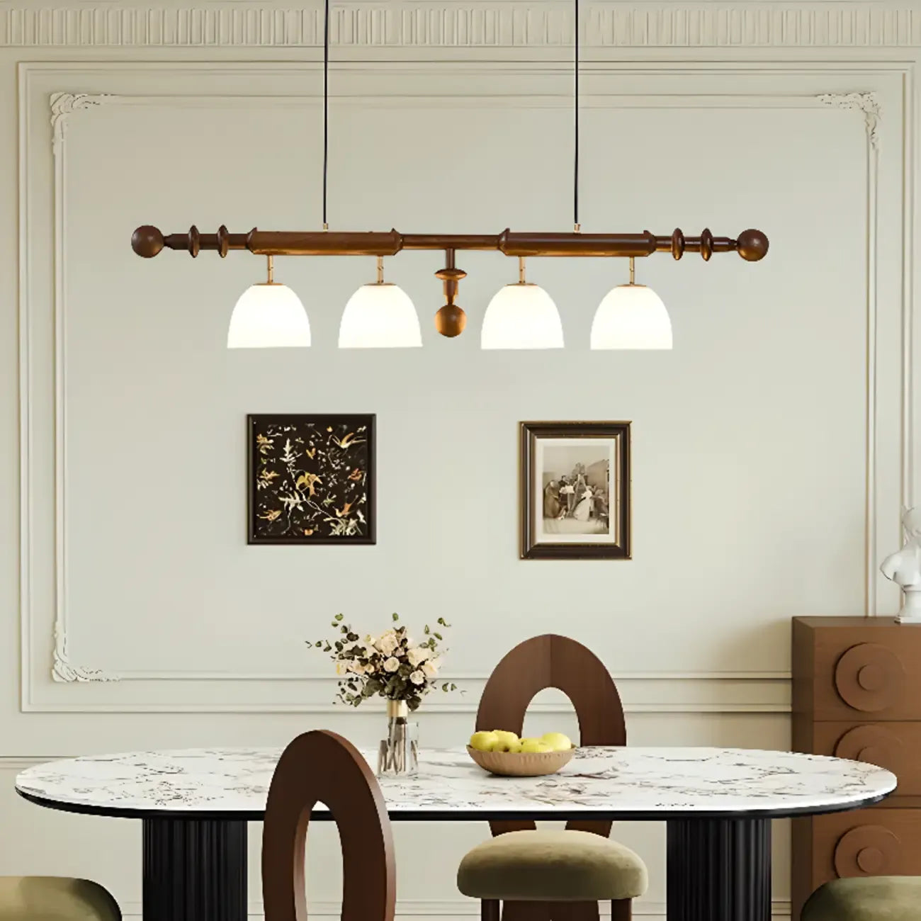Lampadario da isola a 4 luci, moderno, in legno e vetro a cupola per cucina
