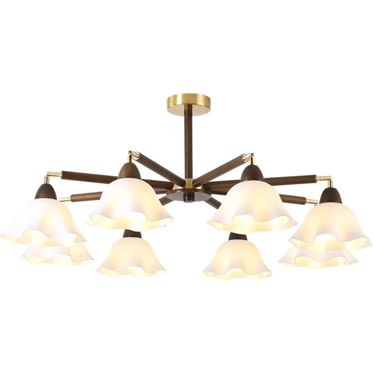Plafonnier semi-encastré élégant en bois avec abat-jour en verre à motif floral.