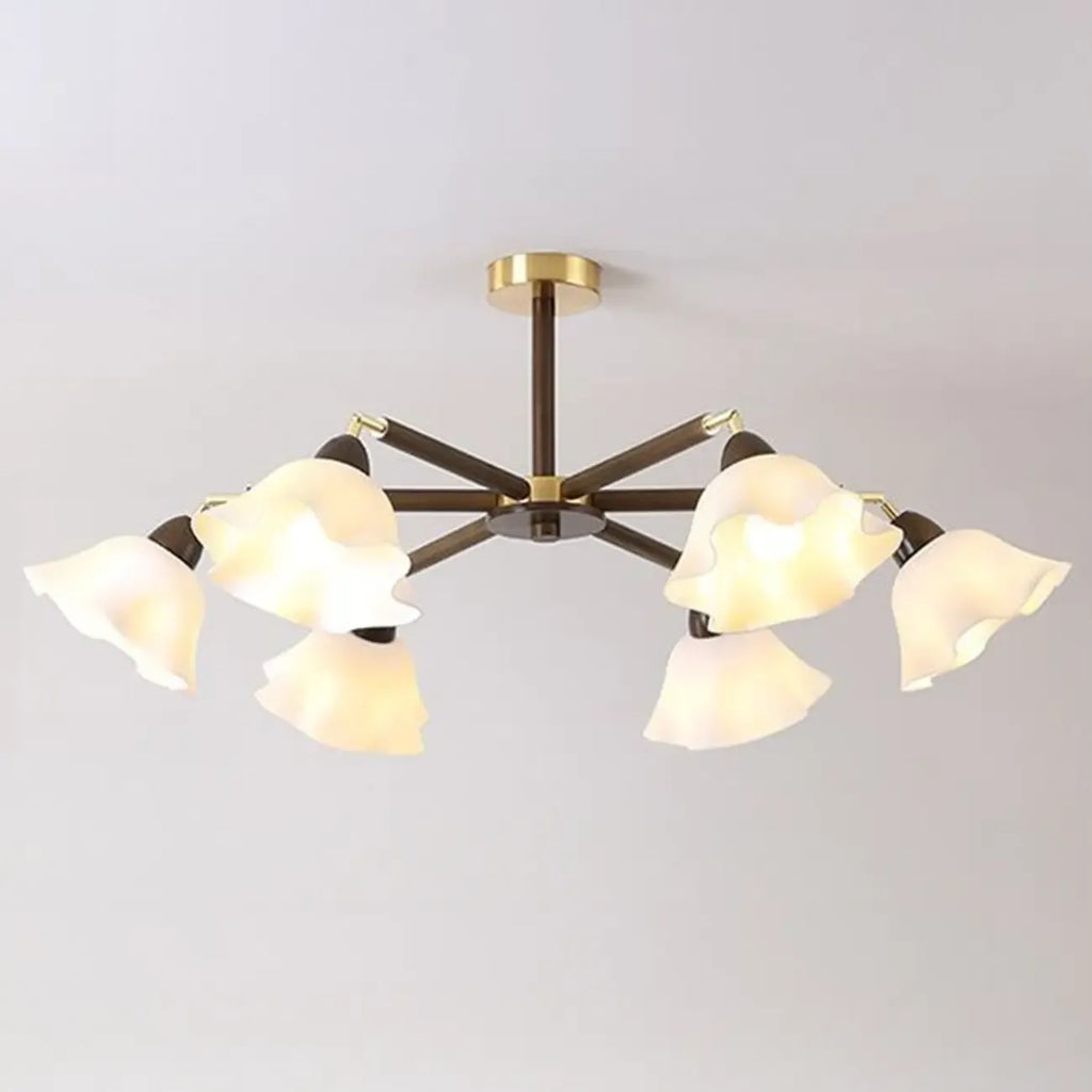 Plafonnier semi-encastré élégant en bois avec abat-jour en verre à motif floral.