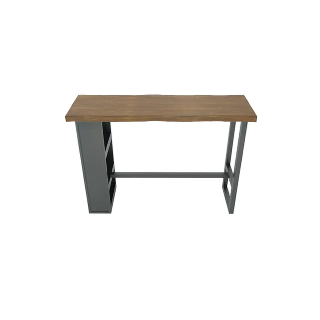 Table haute de bar industrielle en bois brun avec piètement en métal et étagères