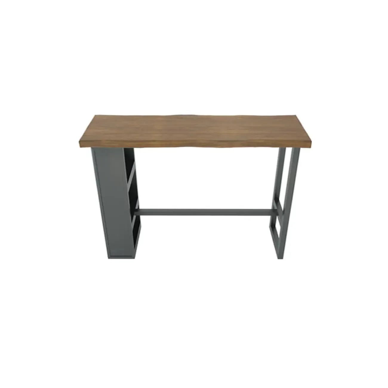 Table haute de bar industrielle en bois brun avec piètement en métal et étagères