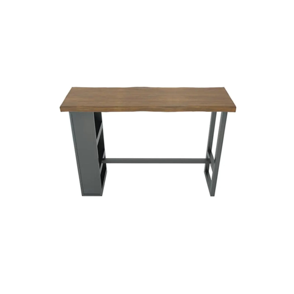 Table haute de bar industrielle en bois brun avec piètement en métal et étagères
