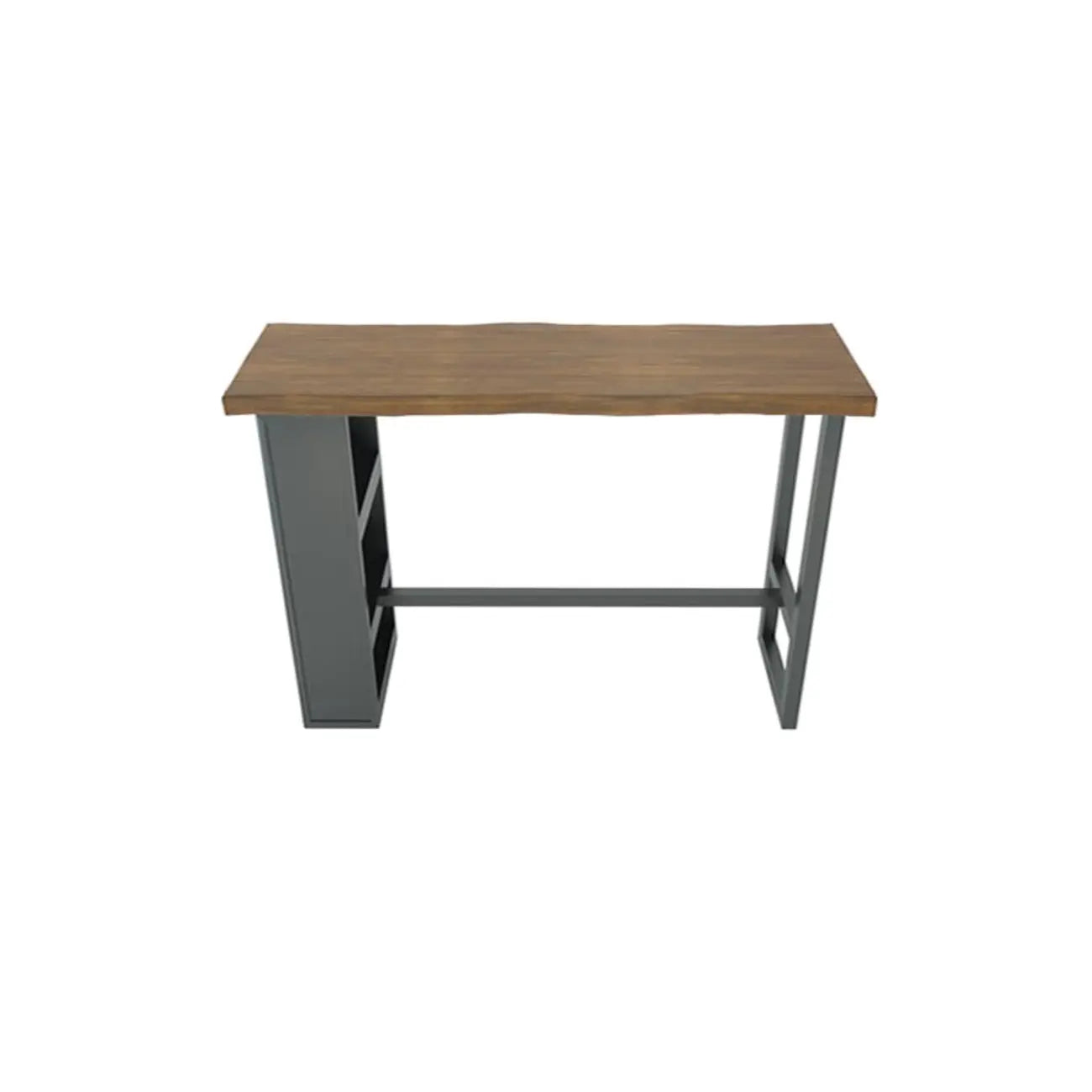 Table haute de bar industrielle en bois brun avec piètement en métal et étagères