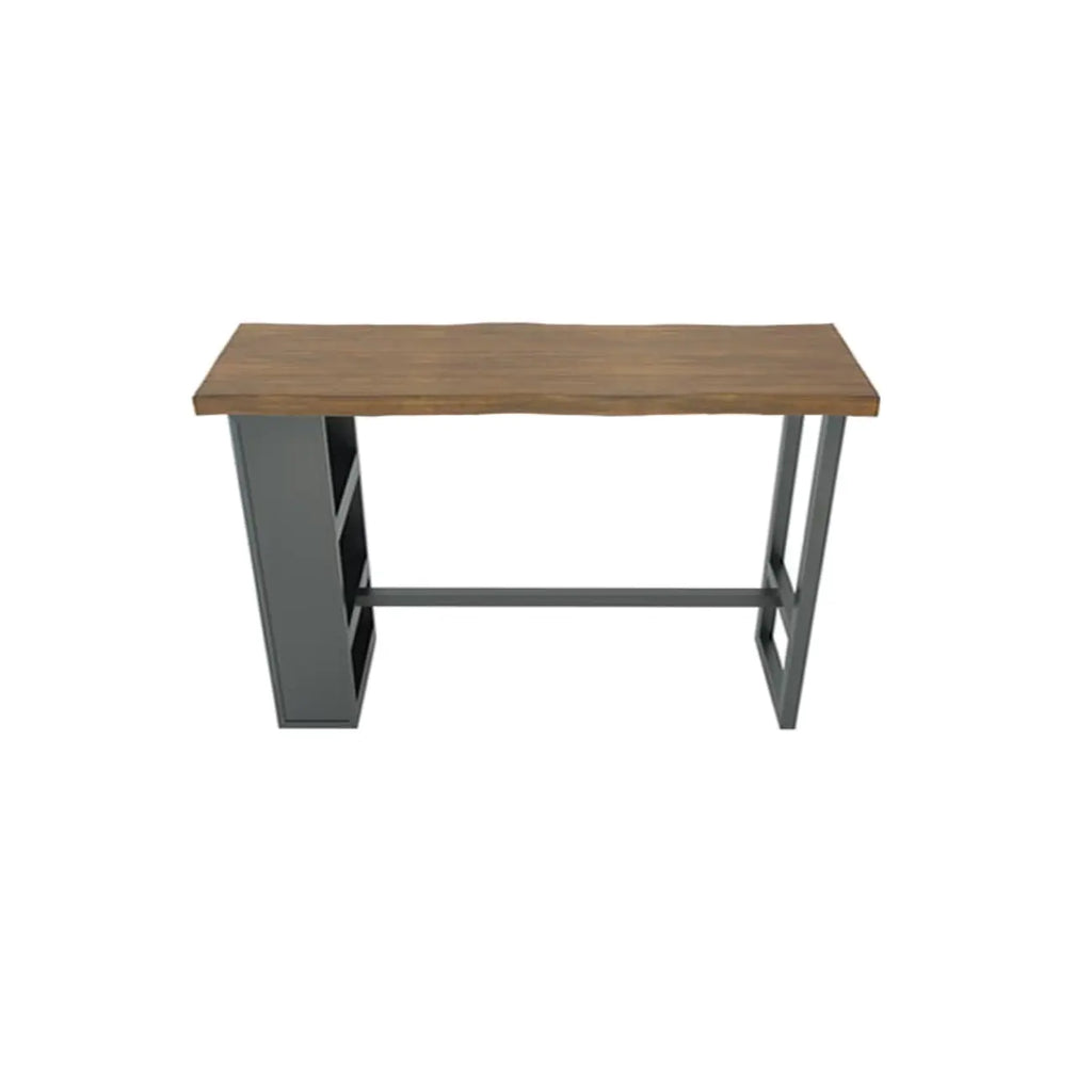 Table haute de bar industrielle en bois brun avec piètement en métal et étagères