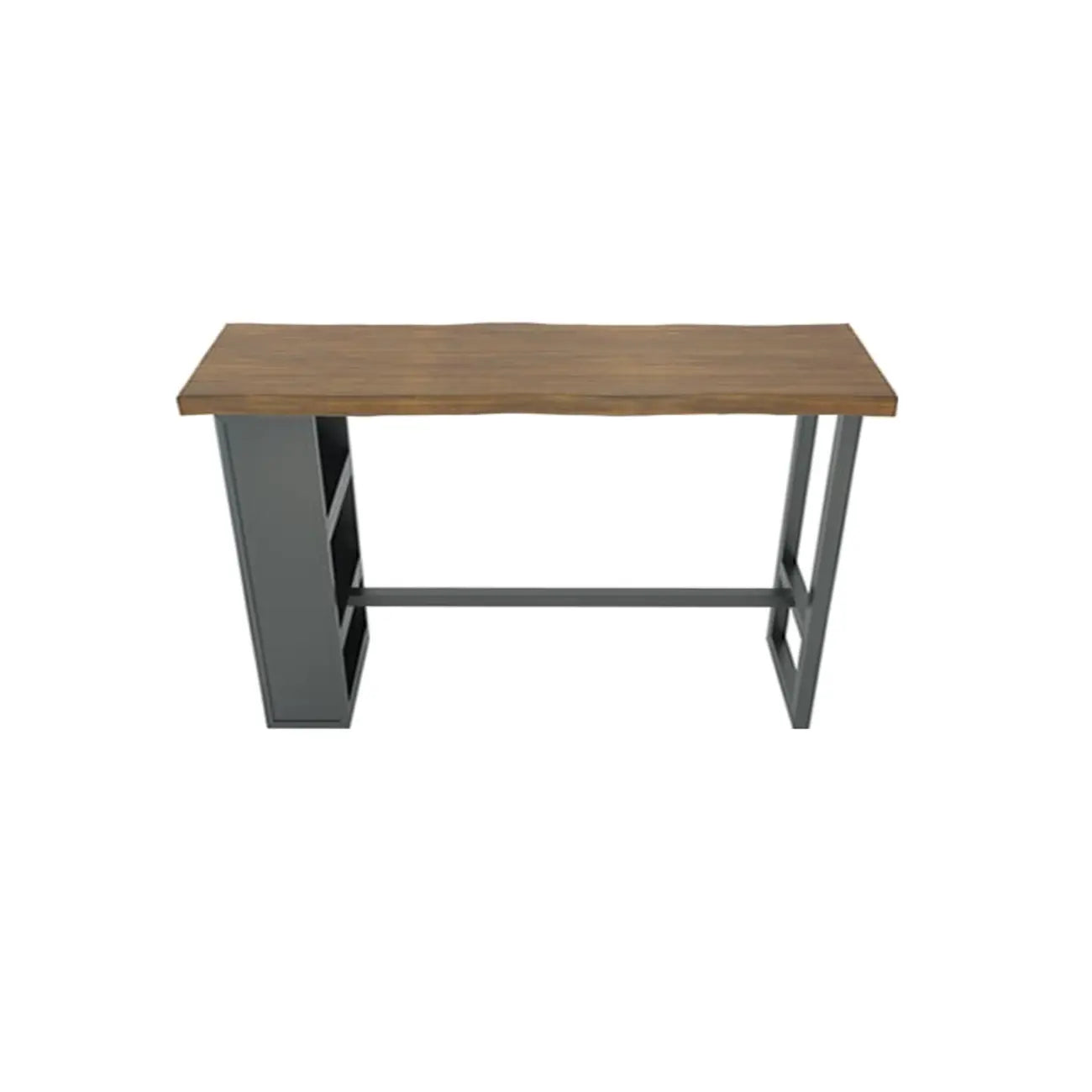 Table haute de bar industrielle en bois brun avec piètement en métal et étagères