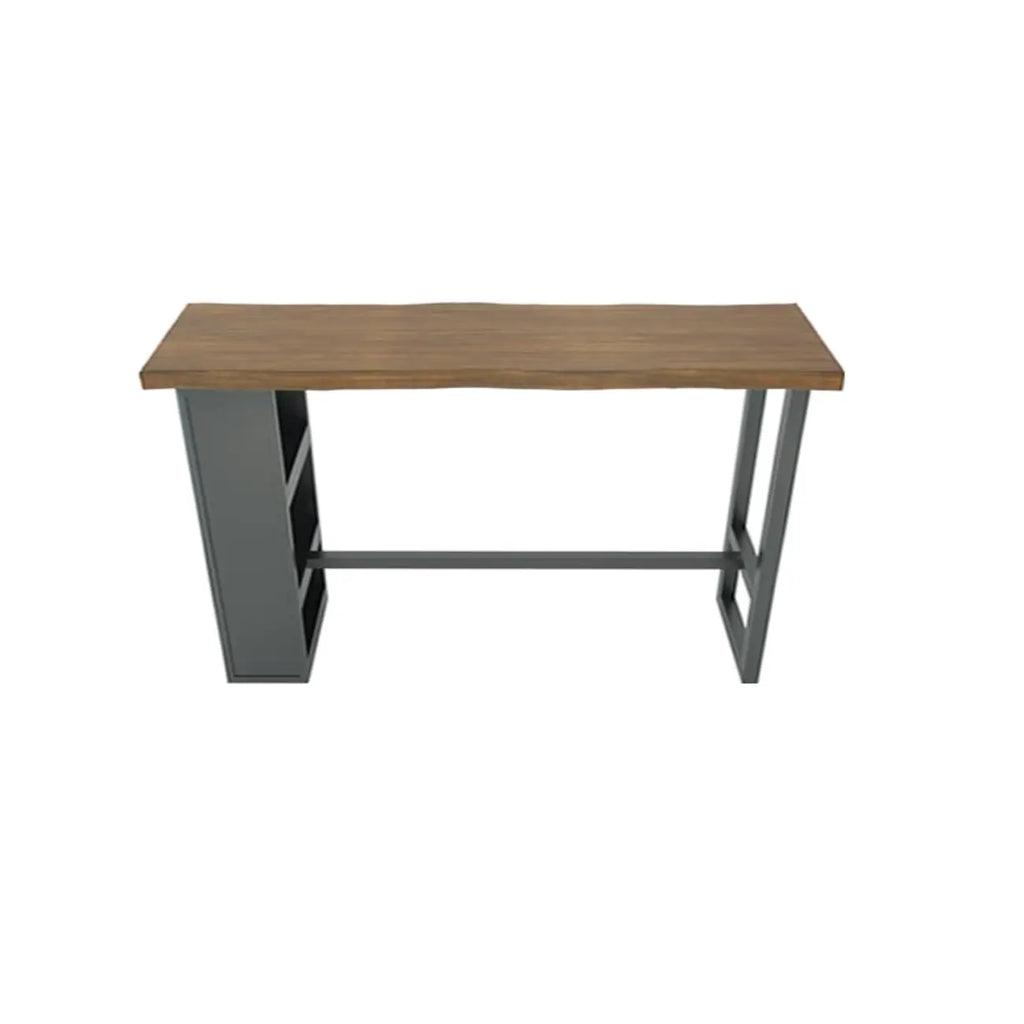 Table haute de bar industrielle en bois brun avec piètement en métal et étagères