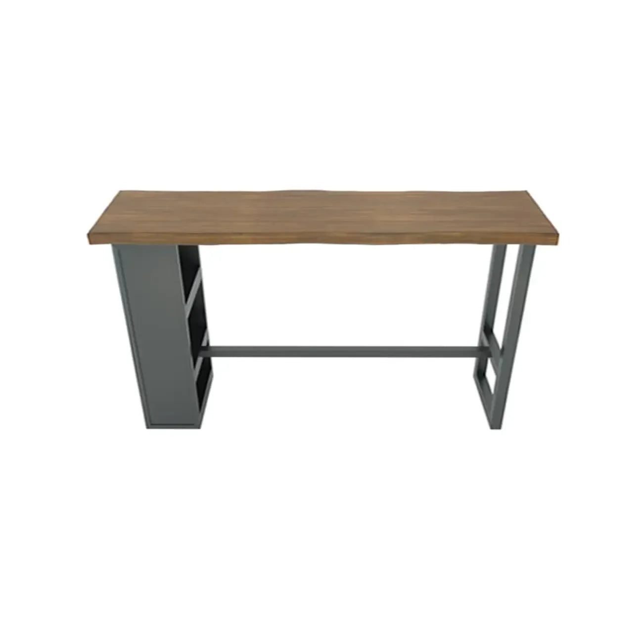 Table haute de bar industrielle en bois brun avec piètement en métal et étagères
