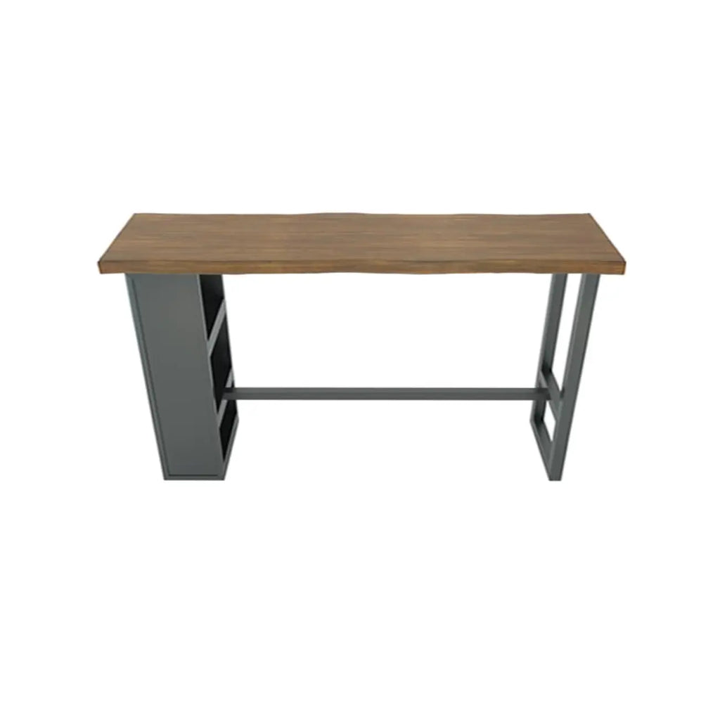 Table haute de bar industrielle en bois brun avec piètement en métal et étagères