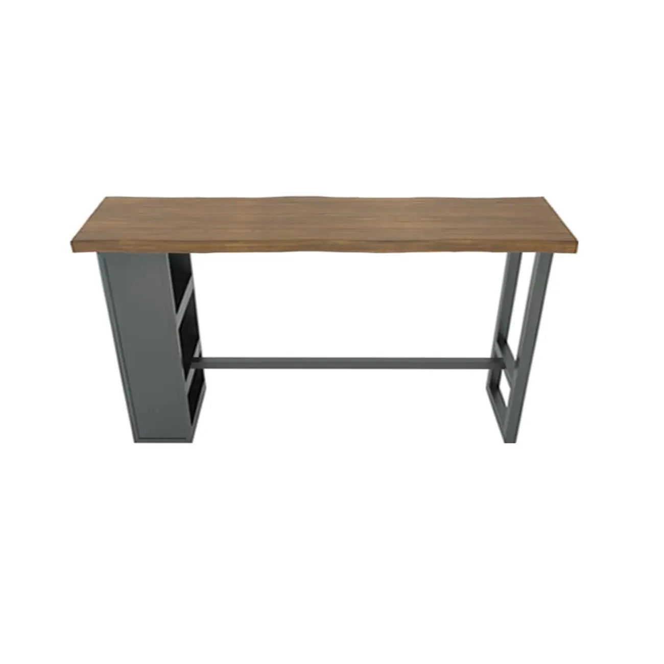 Table haute de bar industrielle en bois brun avec piètement en métal et étagères