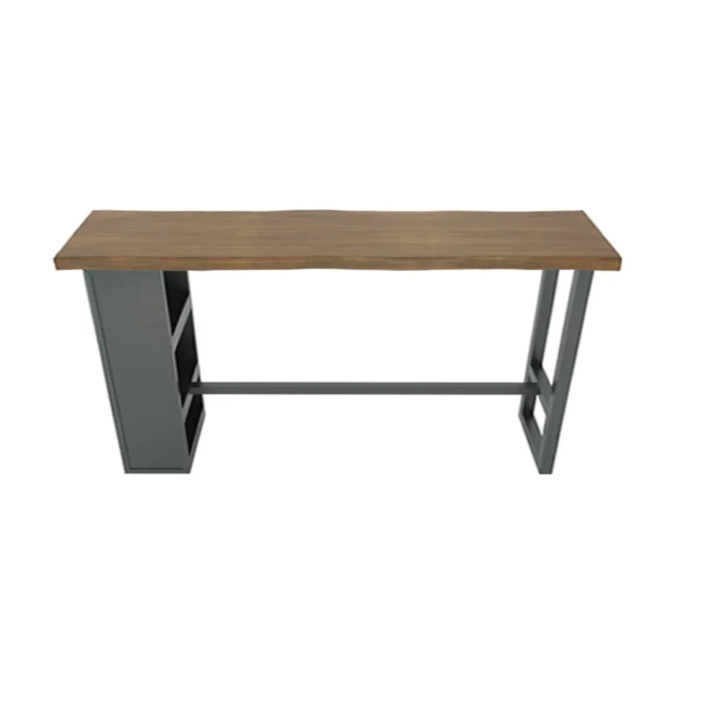 Table haute de bar industrielle en bois brun avec piètement en métal et étagères